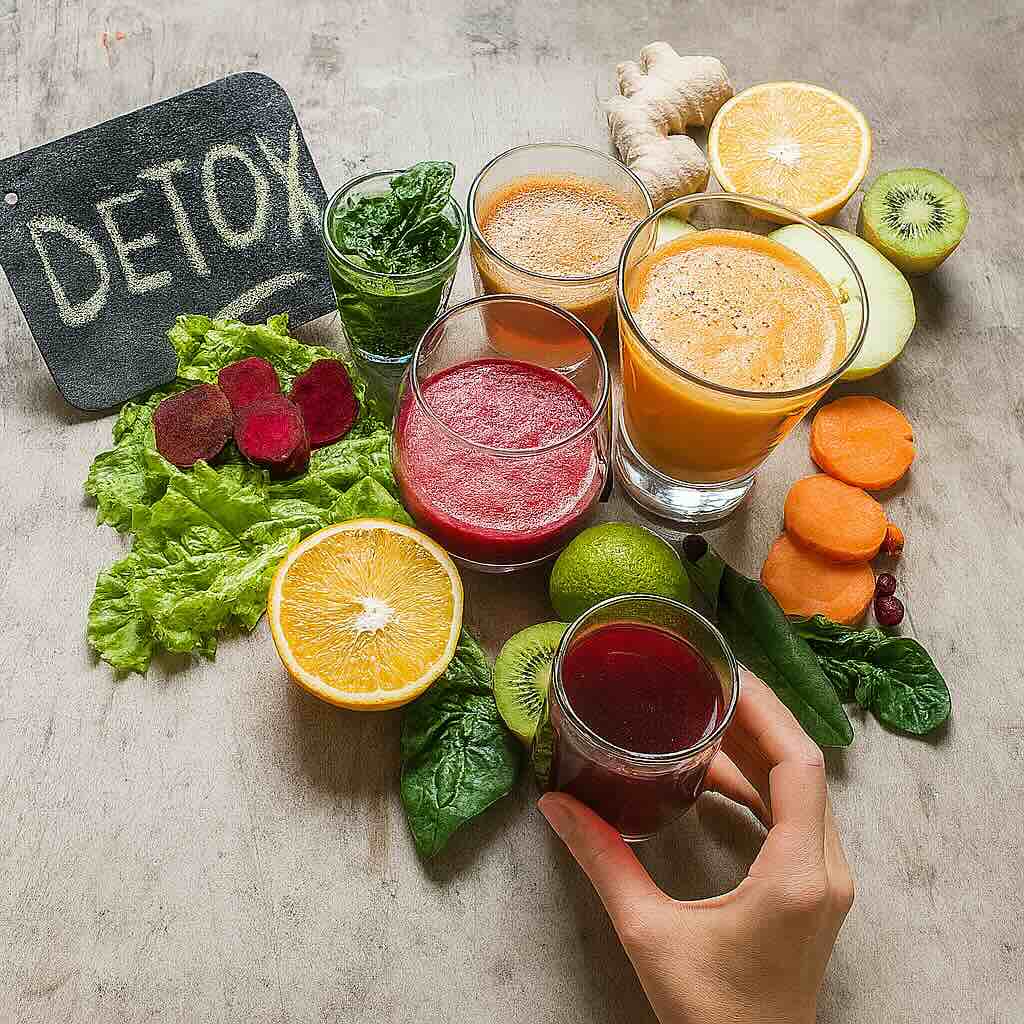 Detox-Arrangement mit frischem Gemüse, Obst und drei Gläsern bunter Säfte auf einem Holztisch, daneben ein kleines Schild mit der Aufschrift ‚Detox‘
