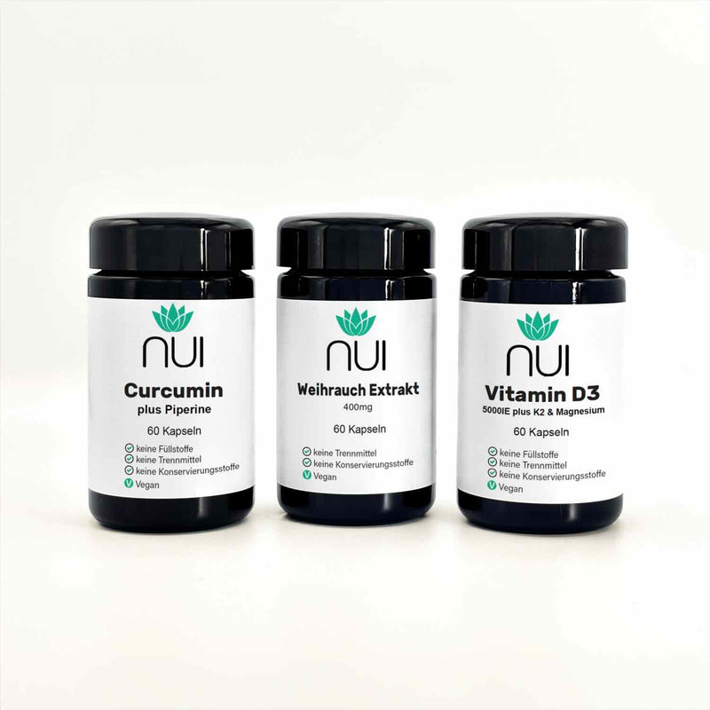 NUI Aktiv Box: Curcumin, Weihrauch und NUI Vitamin D3 5000IE plus K2 & Magensium Kapseln 