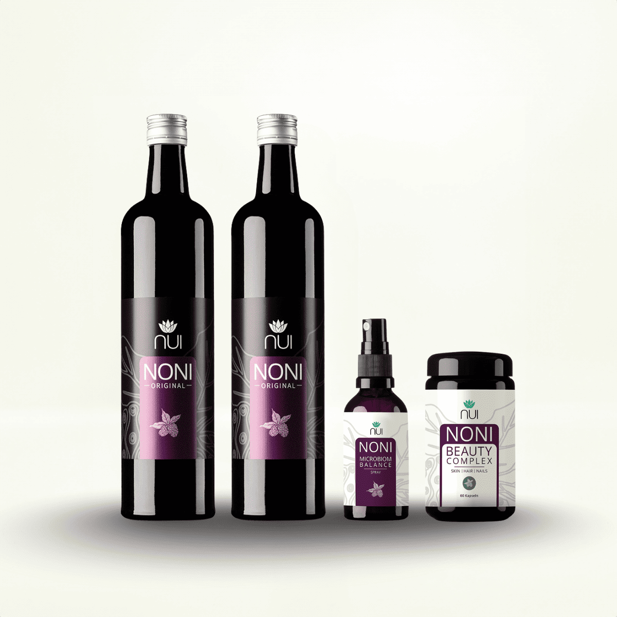 „NUI Noni Beauty & Balance Set mit zwei Flaschen Noni Original Saft, Microbiom Balance Spray und Beauty Complex Kapseln.“
