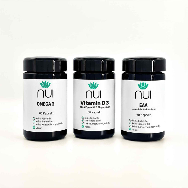 NUI Fitness Box: Omega 3, EAA, NUI Vitamin D3 5000IE plus K2 & Magensium Kapseln