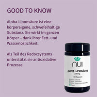 NUI Alpha-Liponsäure – 60 Kapseln à 300 mg. Ideal zur ganzheitlichen Zellunterstützung.