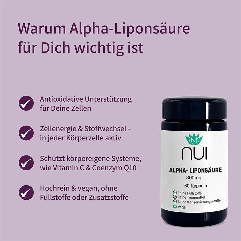 NUI Alpha-Liponsäure – 60 Kapseln à 300 mg. Unterstützt antioxidative Zellprozesse, Zellenergie und Stoffwechsel. Schützt körpereigene Systeme. Frei von Zusatzstoffen, hochrein und vegan.