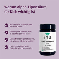 NUI Alpha-Liponsäure – 60 Kapseln à 300 mg. Unterstützt antioxidative Zellprozesse, Zellenergie und Stoffwechsel. Schützt körpereigene Systeme. Frei von Zusatzstoffen, hochrein und vegan.