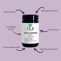 NUI Alpha-Liponsäure: Hoch bioverfügbares Antioxidans. Unterstützt Zellschutz, Zellenergie, innere Abwehr und wirkt gegen freie Radikale. Frei von  Konservierungs- und Trennmitteln.