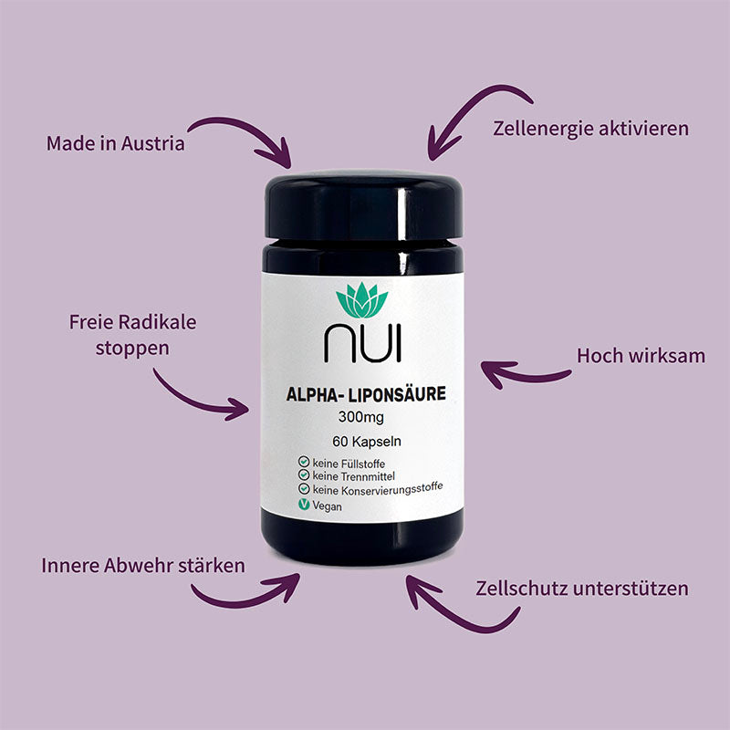 NUI Alpha-Liponsäure: Hoch bioverfügbares Antioxidans. Unterstützt Zellschutz, Zellenergie, innere Abwehr und wirkt gegen freie Radikale. Frei von  Konservierungs- und Trennmitteln.