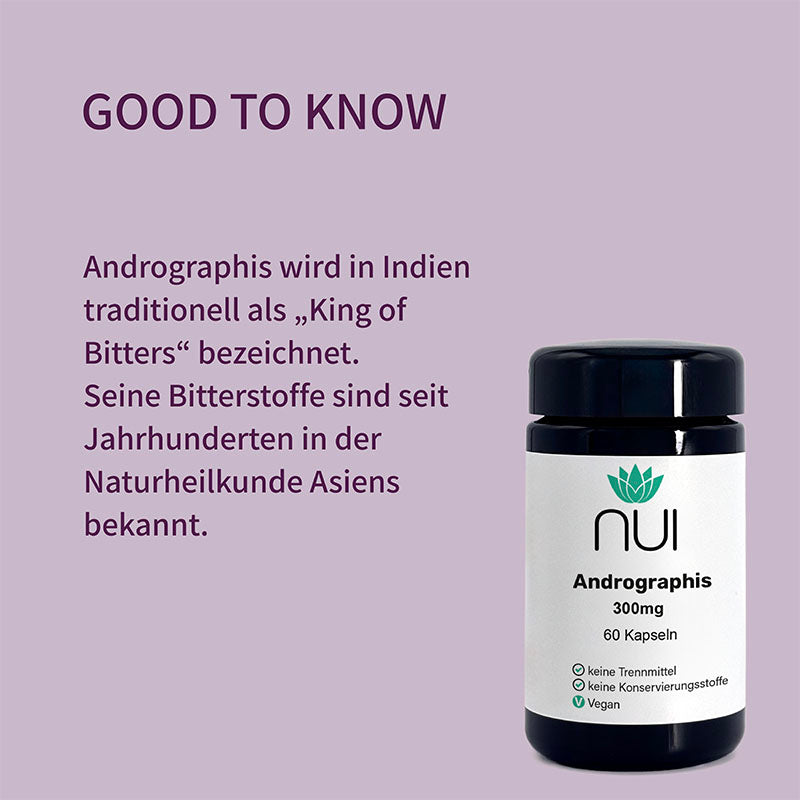 NUI Andrographis – 60 Kapseln mit 300 mg pro Kapsel. Traditionelle Pflanze aus Indien, bekannt als „King of Bitters“. Seit Jahrhunderten für ihre Bitterstoffe in der asiatischen Naturheilkunde geschätzt. 