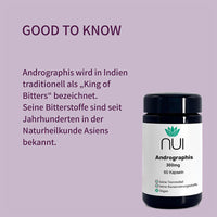 NUI Andrographis – 60 Kapseln mit 300 mg pro Kapsel. Traditionelle Pflanze aus Indien, bekannt als „King of Bitters“. Seit Jahrhunderten für ihre Bitterstoffe in der asiatischen Naturheilkunde geschätzt. 