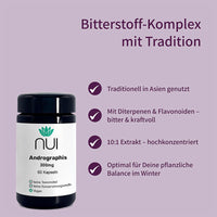 NUI Andrographis – Bitterstoff-Komplex mit Tradition.  Vegan, ohne Trennmittel und Konservierungsstoffe.