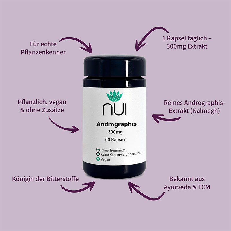NUI Andrographis – 60 Kapseln mit 300 mg reinem Andrographis-Extrakt (Kalmegh), bekannt als „Königin der Bitterstoffe“. Pflanzlich, vegan und frei von Zusätzen. 