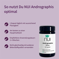 NUI Andrographis – 60 Kapseln mit 300 mg hochkonzentriertem Bitterstoff-Extrakt. Einnahmeempfehlung: täglich 1 Kapsel mit ausreichend Flüssigkeit.