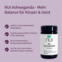 NUI Bio Ashwagandha – Mehr Balance für Körper & Geist. Geeignet für Zeiten hoher Belastung. 60 vegane Kapseln, ohne Trenn- oder Konservierungsstoffe.