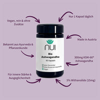 NUI Bio Ashwagandha – 60 Kapseln mit 300 mg KSM-66® Ashwagandha. Unterstützt innere Stärke und Ausgeglichenheit. Vegan, rein, ohne Zusatzstoffe, hergestellt in Österreich.