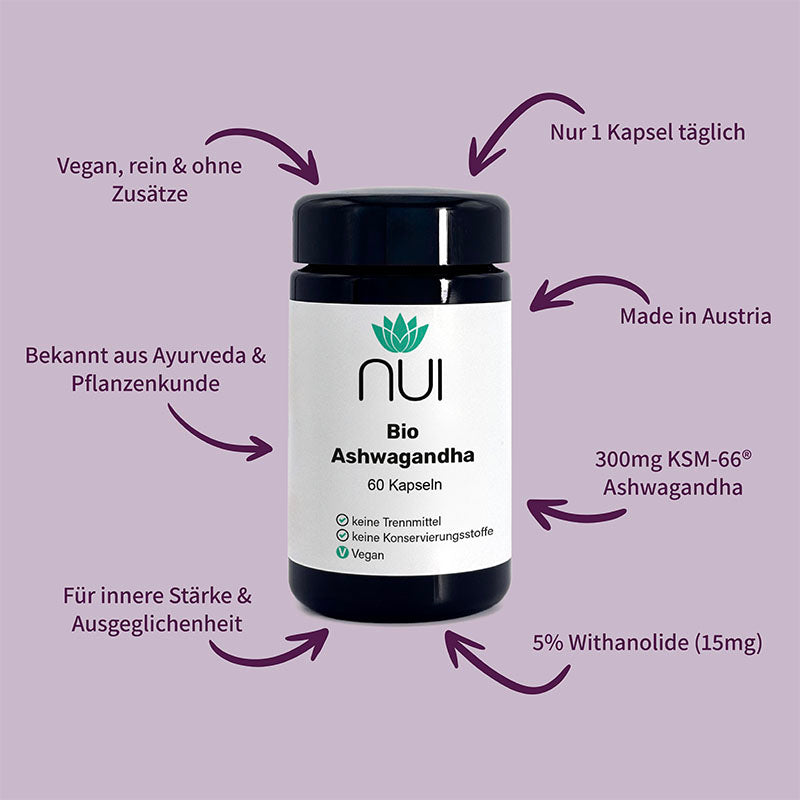 NUI Bio Ashwagandha – 60 Kapseln mit 300 mg KSM-66® Ashwagandha. Unterstützt innere Stärke und Ausgeglichenheit. Vegan, rein, ohne Zusatzstoffe, hergestellt in Österreich.
