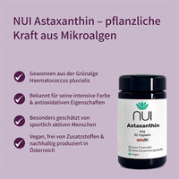 NUI Astaxanthin – gewonnen aus der Mikroalge Haematococcus pluvialis. Bekannt für antioxidative Eigenschaften. Beliebt bei sportlich aktiven Menschen. Vegan, ohne Zusatzstoffe, nachhaltig produziert in Österreich.
