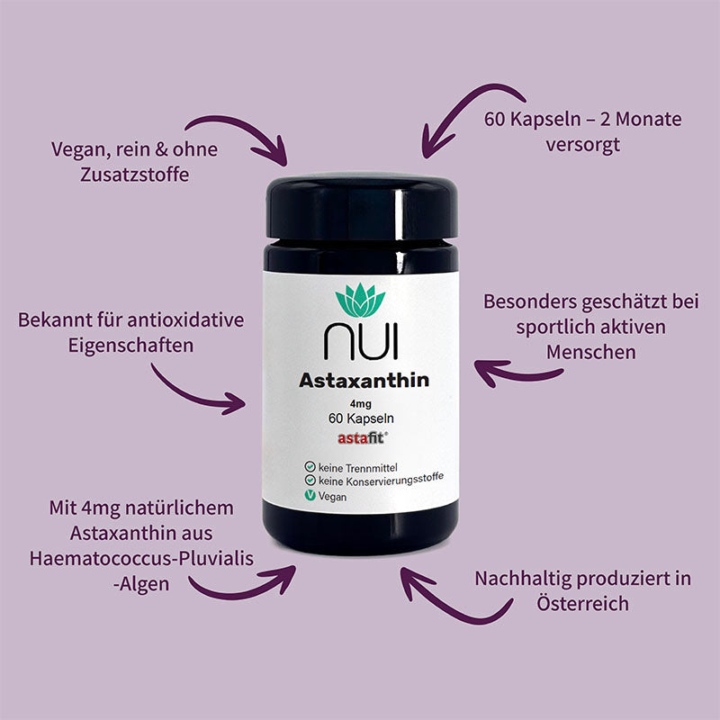 NUI Astaxanthin – 60 vegane Kapseln mit 4 mg Astaxanthin aus Haematococcus pluvialis. Bekannt für antioxidative Eigenschaften, beliebt bei Sportlern. 