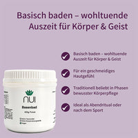 NUI Basenbad – basisch baden für entspannte Auszeiten. Sanft zur Haut, beliebt für bewusste Körperpflege, ideal als Abendritual oder nach dem Sport. Vegan, ohne Zusatzstoffe.