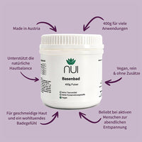 NUI Basenbad – 400 g Pulver für viele Anwendungen. Unterstützt die Hautbalance, sorgt für geschmeidige Haut und entspannende Badeerlebnisse. Vegan, ohne Zusatzstoffe, Made in Austria.