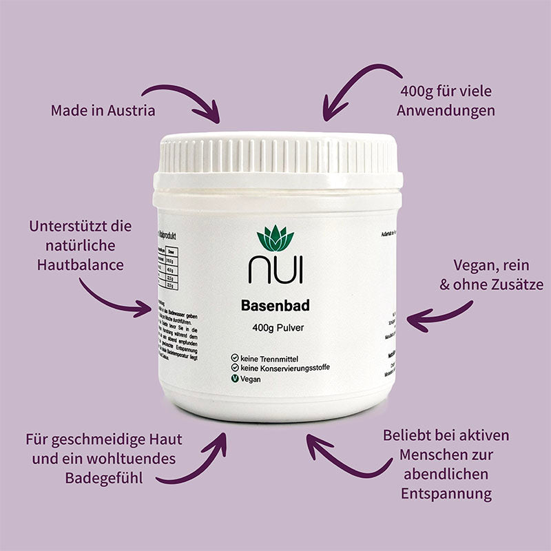 NUI Basenbad – 400 g Pulver für viele Anwendungen. Unterstützt die Hautbalance, sorgt für geschmeidige Haut und entspannende Badeerlebnisse. Vegan, ohne Zusatzstoffe, Made in Austria.
