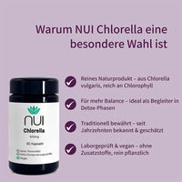 NUI Chlorella: Reines Naturprodukt aus Chlorella vulgaris – reich an Chlorophyll, ideal für Detox-Phasen, traditionell bewährt, vegan, laborgeprüft, ohne Zusatzstoffe.