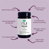 NUI Chlorella: Mikroalge mit natürlichem Chlorophyll, ideal für Detox & bewusste Ernährung. Hochwertig, laborgeprüft, vegan, frei von Zusatzstoffen. Nur 2 Kapseln täglich.
