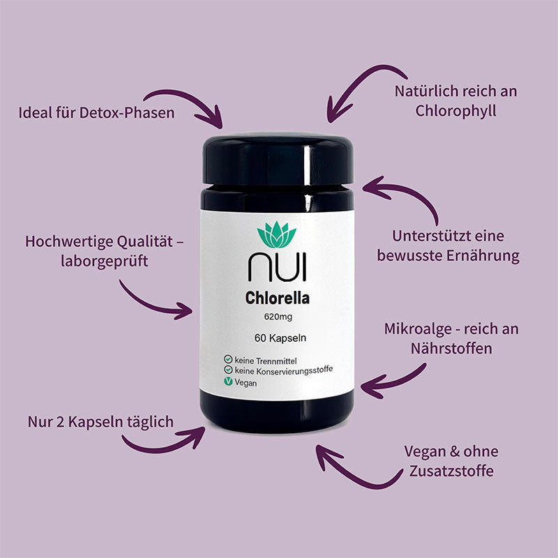 NUI Chlorella: Mikroalge mit natürlichem Chlorophyll, ideal für Detox & bewusste Ernährung. Hochwertig, laborgeprüft, vegan, frei von Zusatzstoffen. Nur 2 Kapseln täglich.