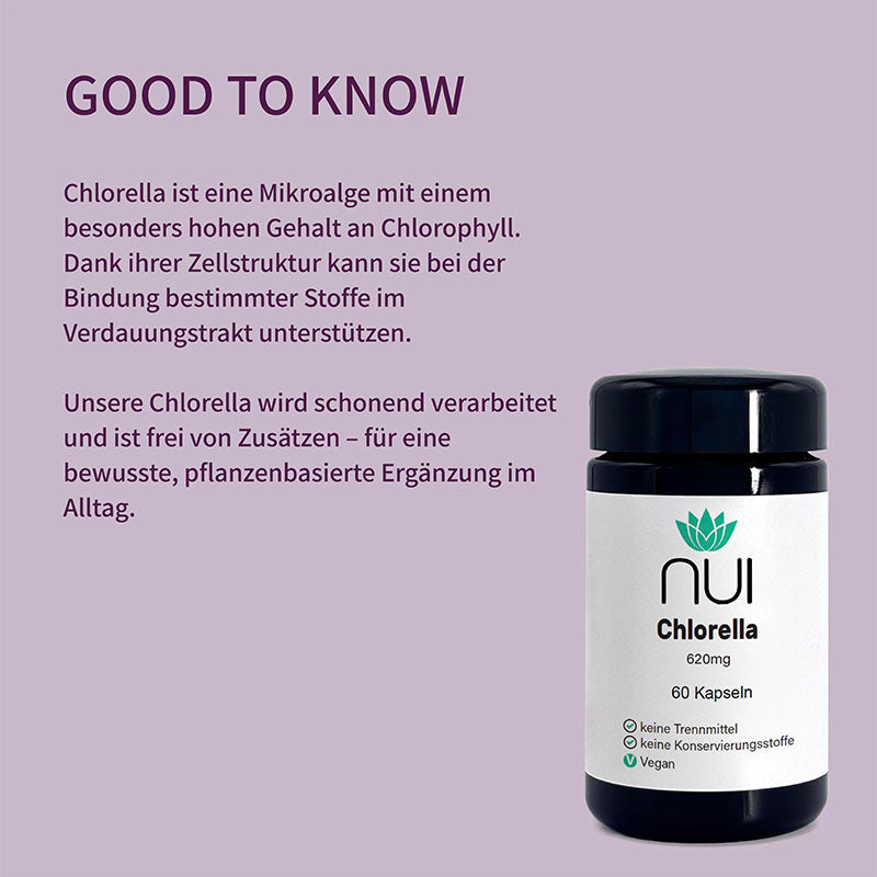 NUI Chlorella – Mikroalge mit hohem Chlorophyllgehalt, unterstützt Verdauung durch Zellstruktur. Schonend verarbeitet, ohne Zusätze – ideal für bewusste, pflanzliche Ernährung.