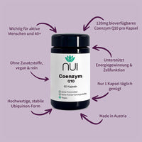 NUI Coenzym Q10: 120 mg bioverfügbares Q10, wichtig für Energie & Zellfunktion, nur 1 Kapsel täglich, ohne Zusatzstoffe, hochwertig, vegan, Made in Austria.