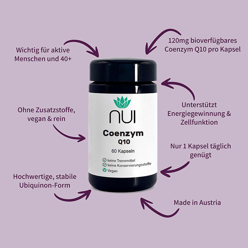 NUI Coenzym Q10: 120 mg bioverfügbares Q10, wichtig für Energie & Zellfunktion, nur 1 Kapsel täglich, ohne Zusatzstoffe, hochwertig, vegan, Made in Austria.