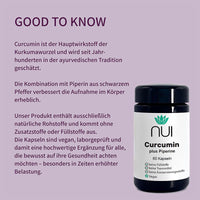 NUI Curcumin plus Piperine: Hochbioverfügbares Kurkuma mit schwarzem Pfeffer für bessere Aufnahme. Ohne Zusatzstoffe, vegan, laborgeprüft – ideal bei erhöhter Belastung.