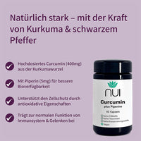 NUI Curcumin plus Piperine: 400 mg Kurkuma + 5 mg Piperin für bessere Aufnahme. Antioxidativer Zellschutz, Unterstützung für Immunsystem & Gelenke. Vegan, ohne Zusatzstoffe.