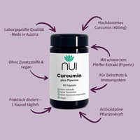 NUI Curcumin plus Piperine: Hochdosiertes Curcumin (400 mg) mit schwarzem Pfeffer-Extrakt – antioxidativ, immunstärkend, ohne Zusatzstoffe, vegan, Made in Austria. Praktisch dosiert – 1 Kapsel täglich.