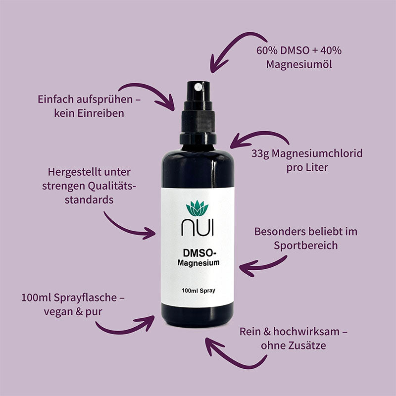 NUI DMSO-Magnesium Spray: Rein, ohne Zusätze, einfach aufsprühen. 100 ml vegan, ideal für Sport & schnelle Anwendung.
