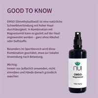 NUI DMSO-Magnesium Spray: Natürliche Schwefelverbindung mit hoher Hautdurchlässigkeit, kombiniert mit Magnesiumöl – alkoholfrei & ohne Duftstoffe. Nur äußerlich anwenden, nicht einreiben, Hände danach waschen.