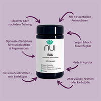 NUI EAA Kapseln: Enthalten alle 8 essenziellen Aminosäuren – ideal für Muskelaufbau & Regeneration. Vegan, hoch bioverfügbar, ohne Zusatzstoffe, Zucker, Aromen oder Farbstoffe. Made in Austria.