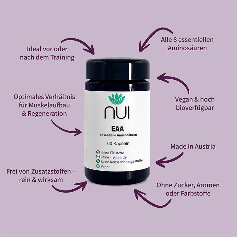 NUI EAA Kapseln: Enthalten alle 8 essenziellen Aminosäuren – ideal für Muskelaufbau & Regeneration. Vegan, hoch bioverfügbar, ohne Zusatzstoffe, Zucker, Aromen oder Farbstoffe. Made in Austria.