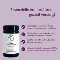 NUI EAA Kapseln: Enthalten alle 8 essenziellen Aminosäuren in optimalem Verhältnis – für Proteinsynthese, Muskelerhalt & Regeneration. Ideal für Sport & Training.