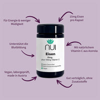 NUI Eisen Kapseln: 15 mg Eisen plus 100 mg natürliches Vitamin C aus Acerola. Unterstützt Blutbildung, Energie und reduziert Müdigkeit. Vegan, gut verträglich, ohne Zusatzstoffe – made in Austria.
