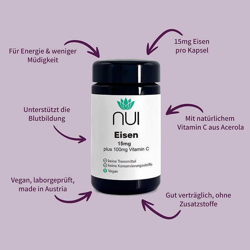 NUI Eisen Kapseln: 15 mg Eisen plus 100 mg natürliches Vitamin C aus Acerola. Unterstützt Blutbildung, Energie und reduziert Müdigkeit. Vegan, gut verträglich, ohne Zusatzstoffe – made in Austria.