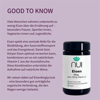 NUI Eisen Kapseln: Mit Eisenbisglycinat und natürlichem Vitamin C aus Acerola – für bessere Aufnahme, weniger Magenbelastung. Ideal für Frauen, Jugendliche, Vegetarier:innen und Sportler:innen.