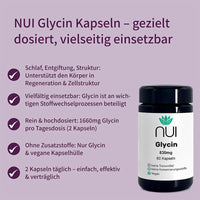 NUI Glycin Kapseln (830 mg): Unterstützen Schlaf, Entgiftung, Zellstruktur & Stoffwechsel. 2 Kapseln täglich (1.660 mg), hochdosiert, vegan & ohne Zusatzstoffe.