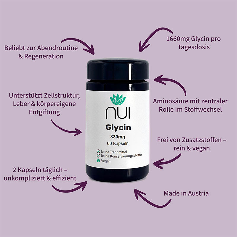  NUI Glycin Kapseln (830 mg): unterstützt Zellstruktur, Entgiftung & Regeneration. Reine, vegane Formel ohne Zusatzstoffe. Hergestellt in Österreich.