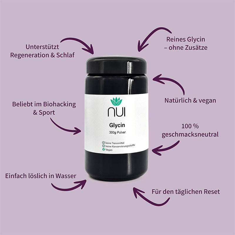 NUI Glycin Pulver: Reines, geschmacksneutrales Glycin – ohne Zusätze, vegan, leicht löslich. Unterstützt Schlaf, Regeneration und ist beliebt im Sport.