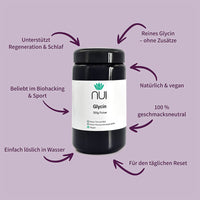 NUI Glycin Pulver: Reines, geschmacksneutrales Glycin – ohne Zusätze, vegan, leicht löslich. Unterstützt Schlaf, Regeneration und ist beliebt im Sport.