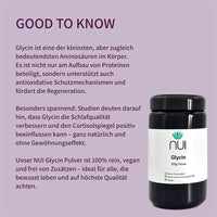 NUI Glycin Pulver: Kleine, aber bedeutende Aminosäure zur Unterstützung von Schlaf, Cortisolregulation, Zellschutz und Regeneration. 100 % rein, vegan, ohne Zusätze – ideal für gesundheitsbewusste Menschen.