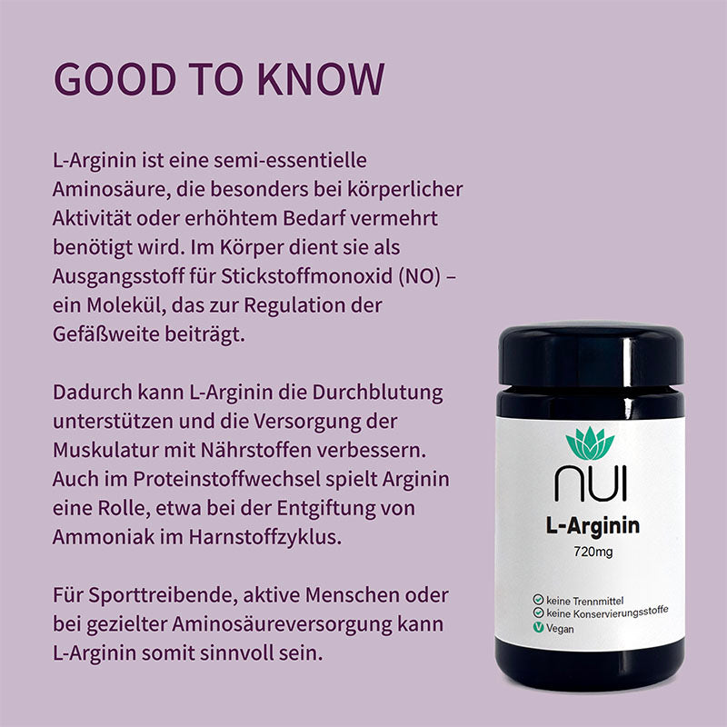  L-Arginin ist eine semi-essentielle Aminosäure, unterstützt Durchblutung, Muskeln und Entgiftung über den Harnstoffzyklus – ideal bei Sport, Aktivität oder erhöhtem Bedarf.