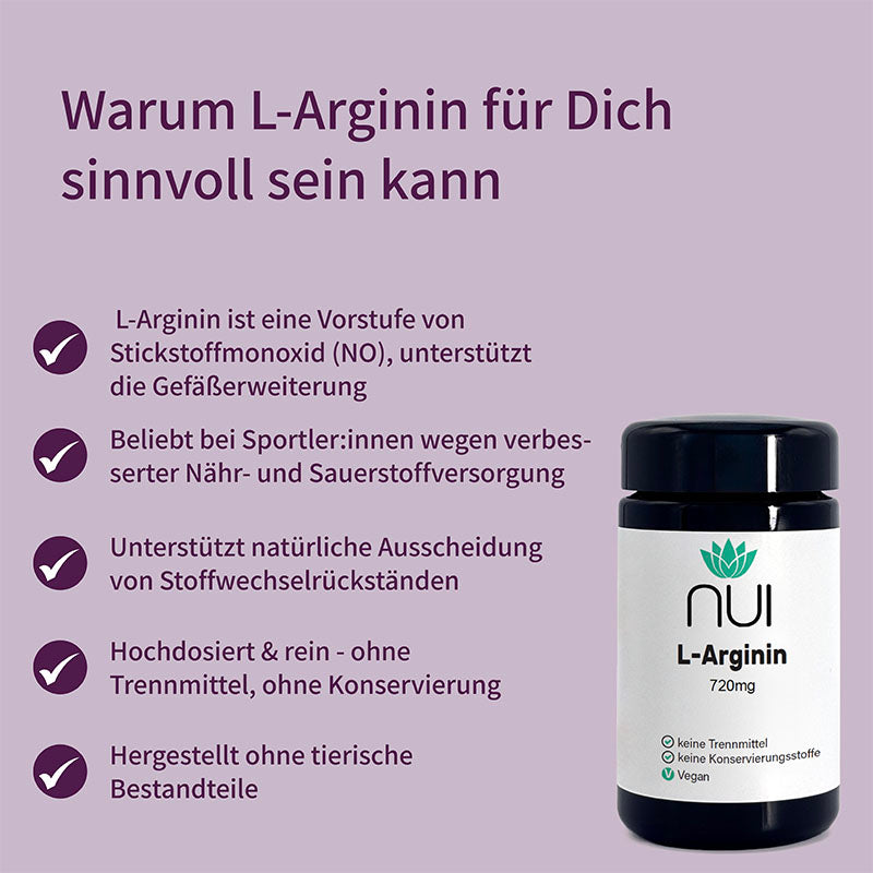 NUI L-Arginin Kapseln (720 mg): Fördert Gefäßerweiterung, beliebt im Sport, unterstützt Entgiftung, hochdosiert, vegan, ohne Zusatzstoffe.