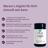 NUI L-Arginin Kapseln (720 mg): Fördert Gefäßerweiterung, beliebt im Sport, unterstützt Entgiftung, hochdosiert, vegan, ohne Zusatzstoffe.