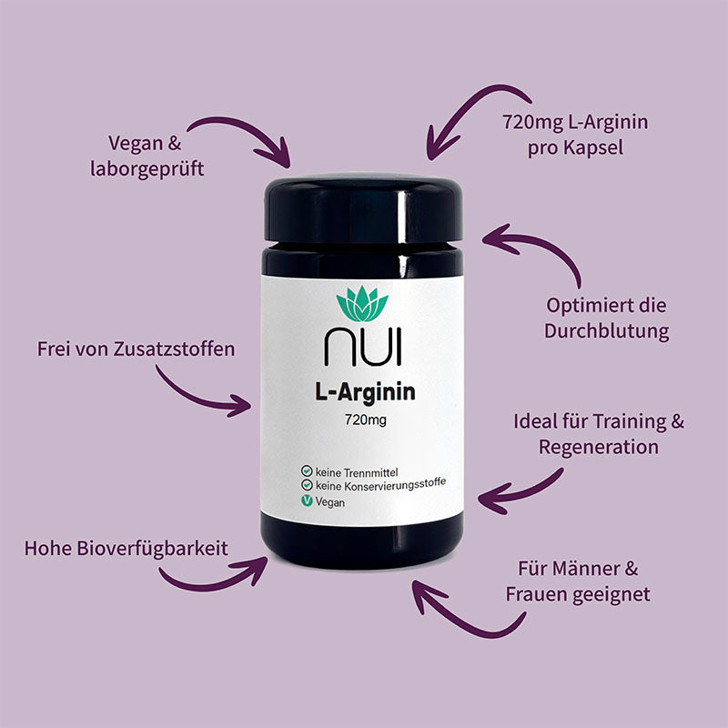 NUI L-Arginin (720 mg pro Kapsel): Vegan, laborgeprüft, ohne Zusatzstoffe, hohe Bioverfügbarkeit. Unterstützt Durchblutung, ideal für Training & Regeneration, für Männer und Frauen.