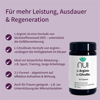 NUI L-Arginin L-Citrullin: Für mehr Leistung und Regeneration, 2:1-Formel zur Gefäßerweiterung und Durchblutung, ideal bei Sport und Belastung, auch für Frauen geeignet.
