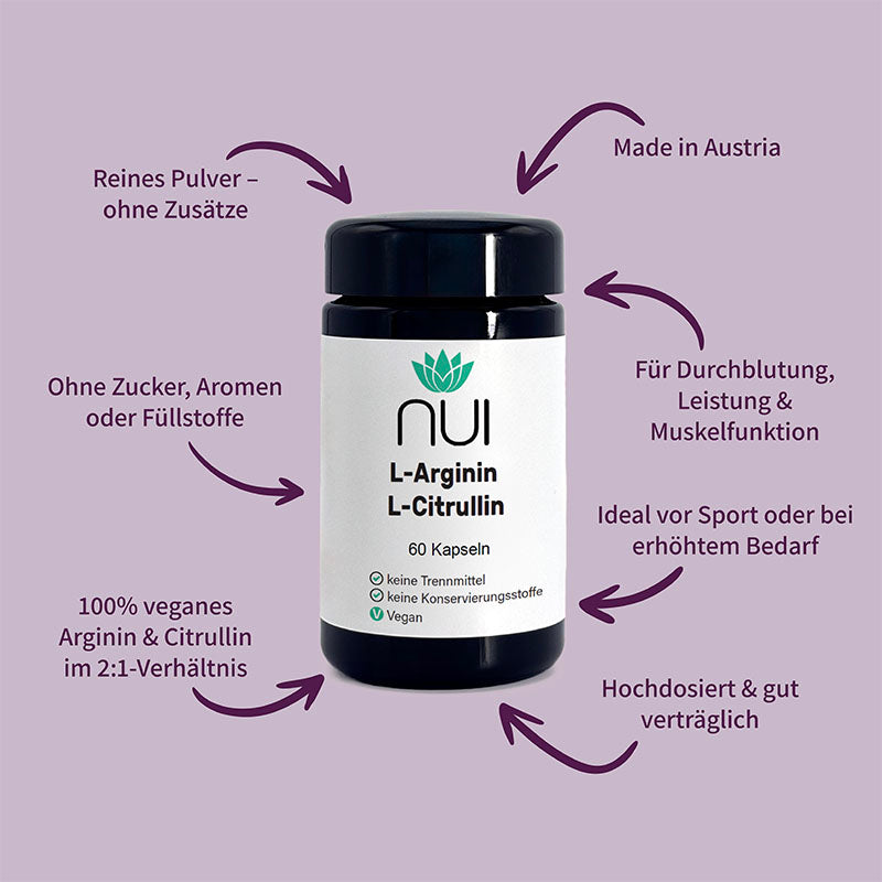 NUI L-Arginin L-Citrullin: Vegane 2:1-Formel für Durchblutung, Leistung und Muskelfunktion – hochdosiert, ohne Zucker, Füllstoffe oder Zusätze, Made in Austria.